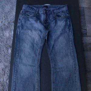 INC BLUE JEANS - 33 X 26 - SLIM BOOT CUT DISTRESSED LOOK